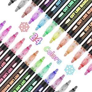 Shimmer Markers Double Line Outline Markers, 24 Color Squiggles Set for Drawing, Art School Supplies, Cards Lettering, Gift for 4-12 Year Old Girl
