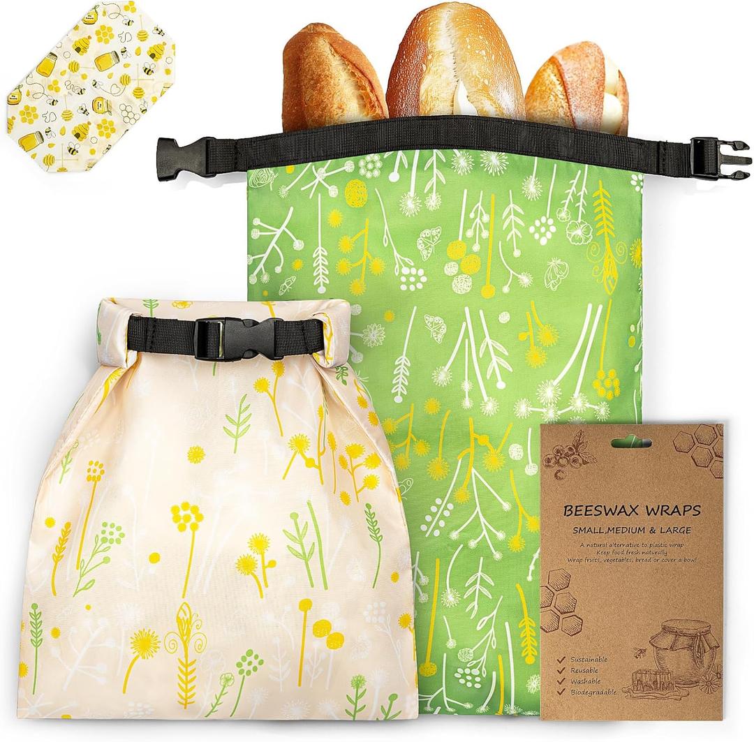 2 Pack Reusable Bread Bags with Extra Beeswax Wrap, Large Freezer Sourdough Zipper Storage Bag for Homemade Bread to Keep Foods Fresh (Beige+Green)