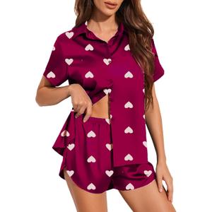Ekouaer Silk Pajamas for Women Short Sleeve Satin Pajama Set 2 Piece Button Down Loungewear (Large, Red Heart Print)