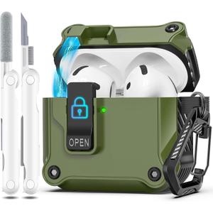R-fun Compatible with AirPods 4th Gen Case, Full Drop Protection Auto Pop-Up Lid and Lock Design with Cleaner Kit and Keychain for AirPods 4 2024-Olive Green