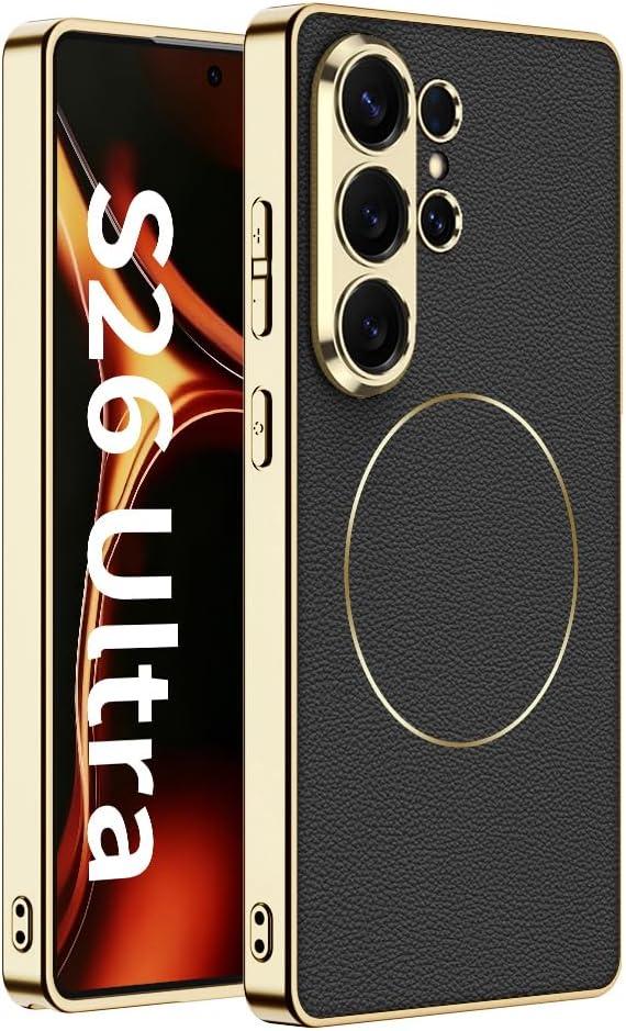 Lunivop Magnetic Case Compatible with Samsung Galaxy S26 Ultra Case PU Leather Back Panel Compatible with Magsafe TPU Silicone Plating Frame for Samsung S26 Ultra 6.9 inch (Black)
