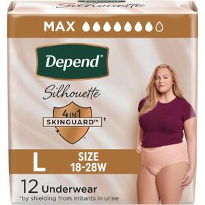 Depend Silhouette Adult Diapers, Incontinence & Postpartum Bladder Leak Underwear for Women, Maximum Absorbency, Large, Pink, 12 Count, 