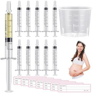 Trelaco Colostrum Collector Kit Include Sterile Sealed Breast Milk Syringes with Caps No Needle Colostrum Syringes Stickers 1 Measuring Cup Harvesting Collection for Breastmilk(50 Sets,3 ml)