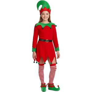 Syhood 5 Pcs Christmas Elf Costume Kids Girls Velvet Elf Costume Santa's Helper Outfit with Hat Shoes Belt Striped Stockings (Bright Color)