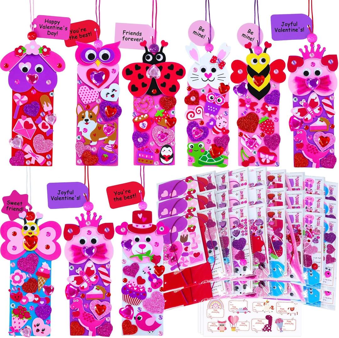 Winlyn 32 Sets Valentine's Day Decorations DIY Heart Animal Bookmarks Valentine Craft Kits Blank Foam Bookmarks with Hearts Stickers for Kids Classroom Activities Reading Party Favors Gift Exchange