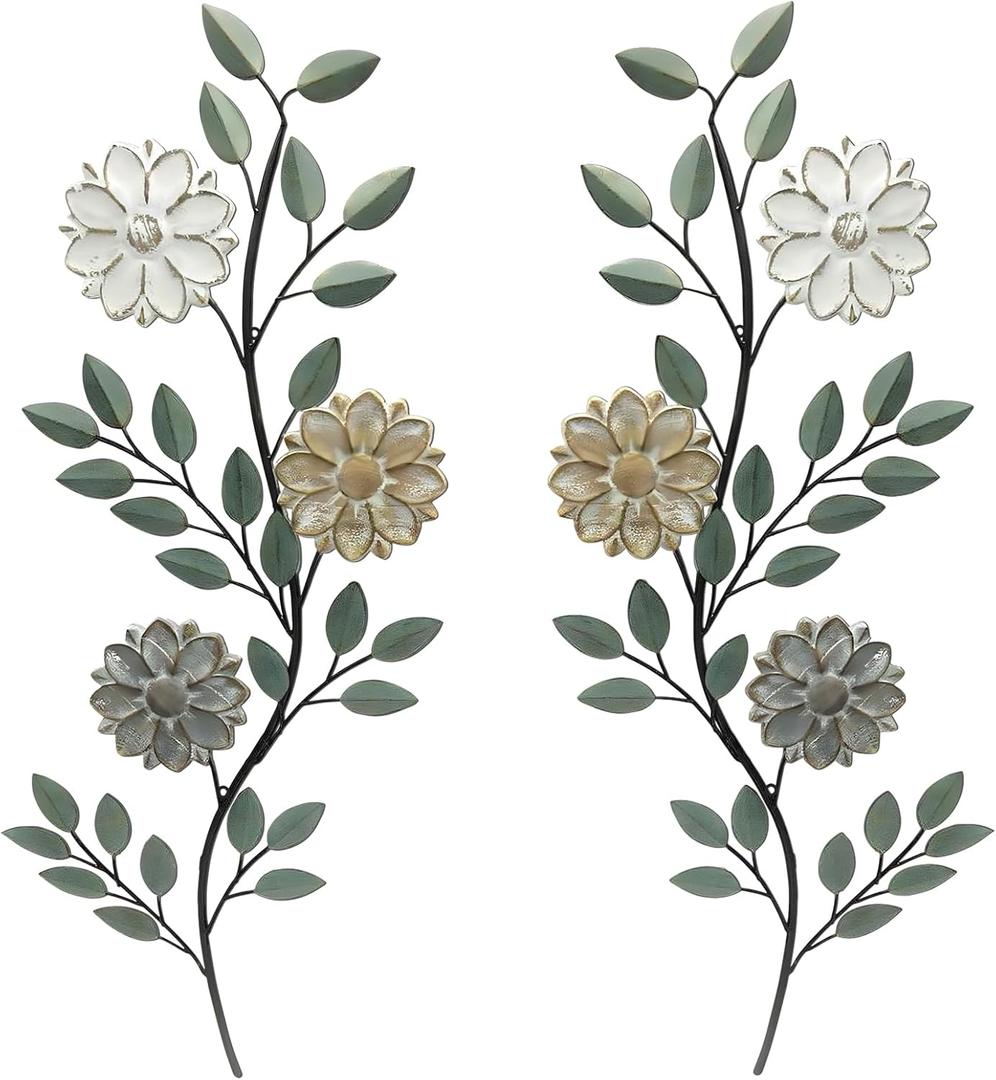 MorningRo 2 Pcs Metal Flower Leaves Wall Art Spring Wall Decor Living Room, 15.75 Inch Vintage Rustic Branch Leaf Wrought Iron Scroll Art Decor for Spring Bedroom Indoor Outdoor Decorations(Green)