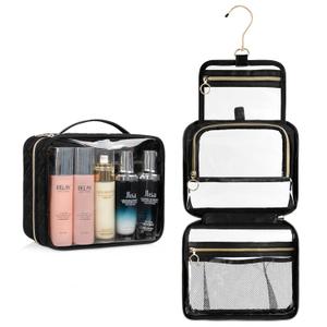 CUBETASTIC Clear Toiletry Bag, Transparent Travel Makeup Bag Small Hanging Travel Bag Portable Cute Cosmetic Organizer Waterproof Make Up Case (23cm9.05-Inch, Half Clear Rhombus Black)