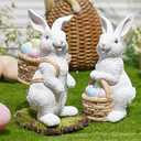 Newman House Studio Easter-Decorations Bunny-Decor Spring-Figurines Table-Centerpiece - 2PC Spring Decorations Resin Rabbits with Carrot and Flower Tabletop Ornaments for Home Farmhouse 4.5H inch