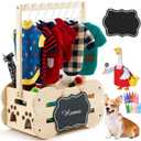 Wooden Dog Wardrobe Closet 20"x15"x9" Pet Goose Outfit Toy Storage Basket Crate with Hanging Rod Bone Shape Organizer Closet for Dog Toy Clothes Accessories with 8 Hanger 10 Clip 1 Small Blackboard