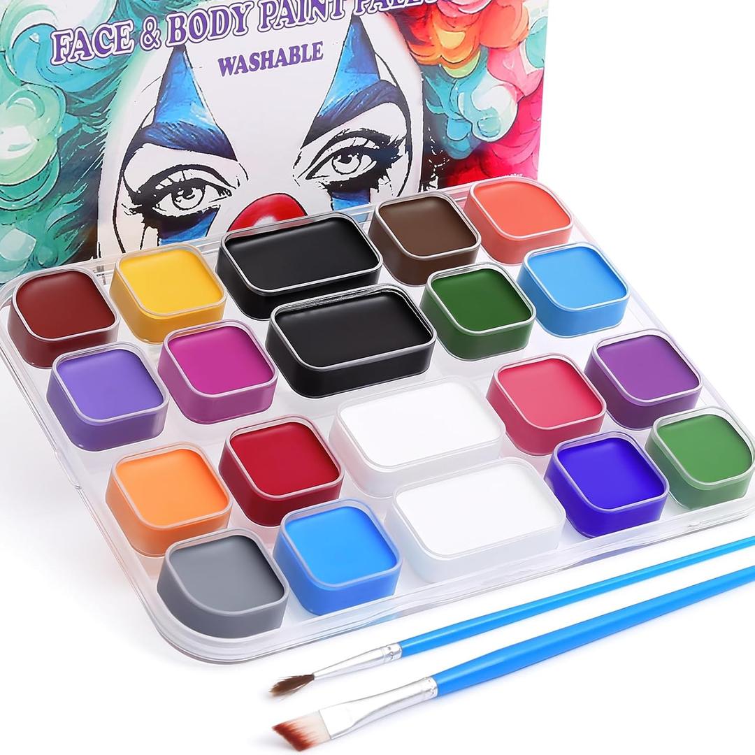BOBISUKA 18 Color Water-Activated Cream Face Painting Kit, Washable Face & Body Paint Palette with Extra Black & White Pans & Brushes for Halloween, Carnival, Cosplay & Special Effects Costume Makeup