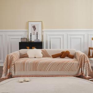 VClife Boho Couch Cover Thick Chenille Sofa Covers, Non Slip Couch Cover for 3 Cushion Couch Sofa Modern Beige Caramel Jacquard Furniture Protector for Dog Sectional Sofa Couch Covers, 71''x134''