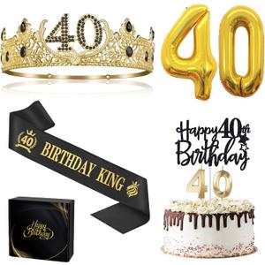 40th Birthday Gifts for Men, 40th Birthday Decorations for Men, Party Decor Supplies Including King Crown & Sash & Balloons & Cake Topper & Candles
