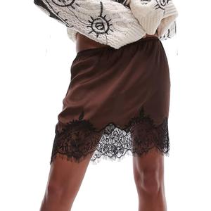 Women Lace Trim Silk Mini Skirt Y2k Lacy Satin A Line Half Silp Short Skirt Cute High Waist Underskirt L