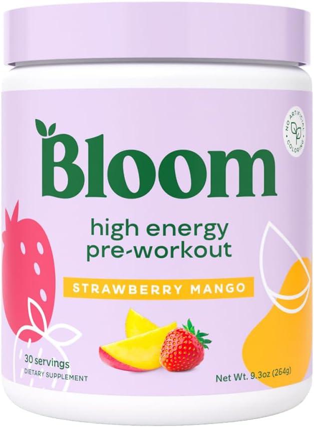 Bloom Nutrition High Energy Pre Workout with Beta Alanine, Ginseng and L Tyrosine for Amino Energy, Natural Caffeine Powder from Green Tea Extract, Keto, Sugar Free Drink Mix, Strawberry Mango (30 Servings (Pack of 1)) Best By 07/2026
