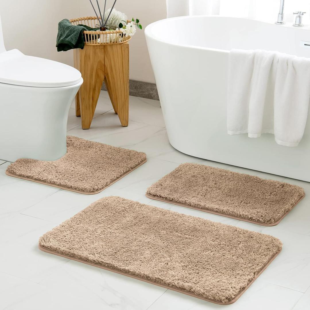 MIULEE Bathroom Rugs Sets 3 Piece Including U Shaped Toilet Rug - Soft Absorbent Bath Mats Set with Non Slip Rubber Backside, Machine Washable - Tan, 20"x30"+16"x24"+U 20"x20"