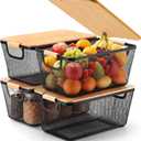 Geelin 4 Pcs Black Metal Wire Basket with Wooden Handles and Bamboo Lids 14.37" x 8.58" x 6.5" Mesh Steel Basket Stackable Storage Bins Organizer Containers for Vegetables Fruit Home Cabinet Pantry