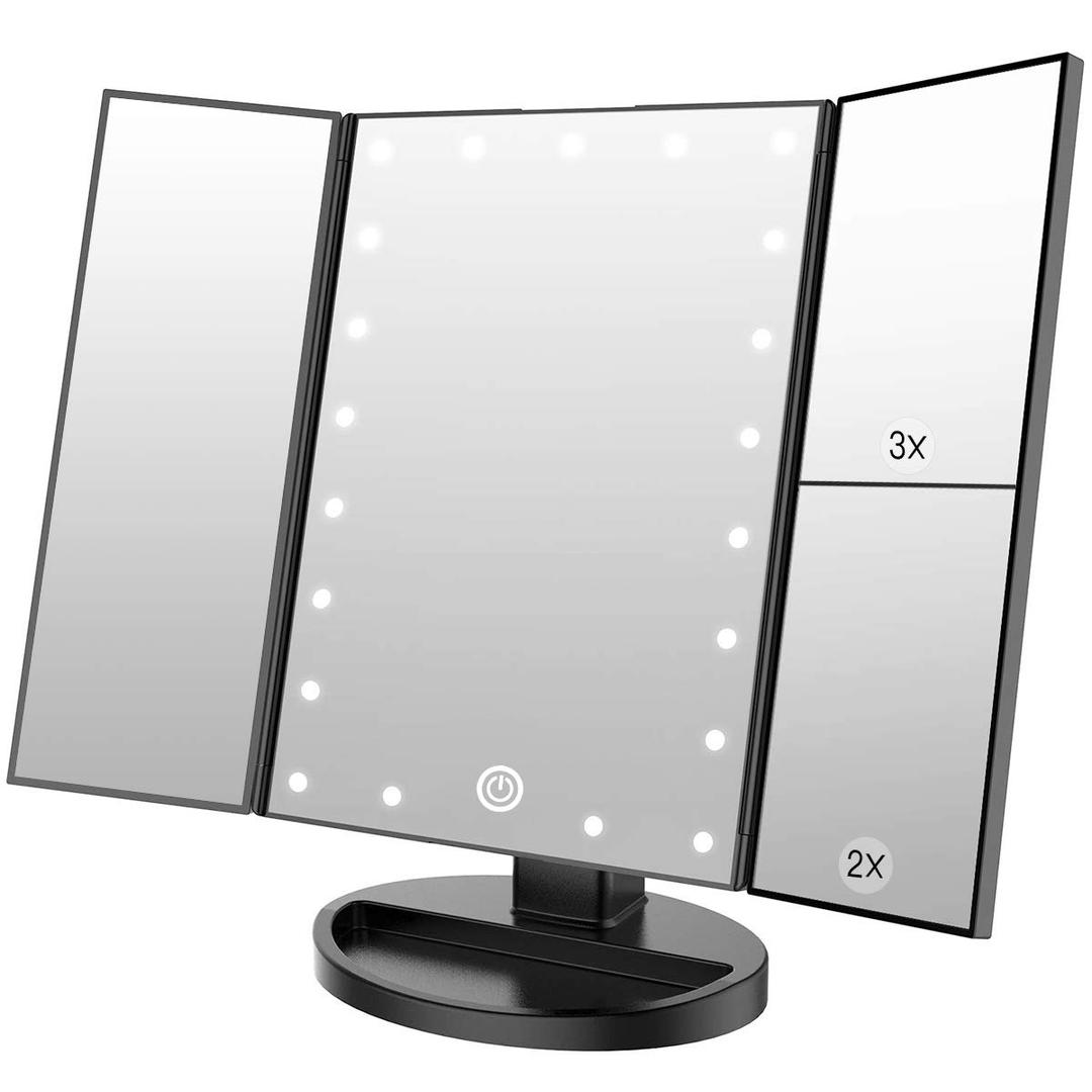 WEILY Makeup Mirror with 21 LED Lights, Two Power Supply Modes, Adjustable Touch Screen and 1x/2x/3x Magnification Tri-Fold Vanity Mirror, Chargeable Travel Cosmetic Mirror for Desktop (Black)