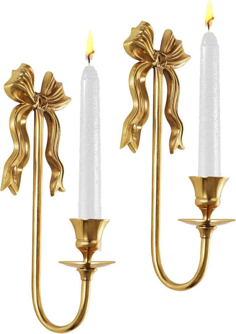 Vintage Gold Bow Candle Holders Set of 2, Solid Brass Wall Mounted Tapered Candle Sconce, Candle Holder Wall Decor for Living Room, Bedroom and Hallway