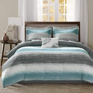 Madison Park Essentials Full Comforter Set, Bed in a Bag Full, Watercolor Print Coastal Comforter & Chambray Cotton Sheet Set, All Season Bedding Set, Saben, Aqua Full (78 in x 86 in) 9 Piece