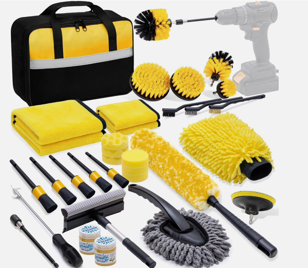YJUSMAK 29Pcs Car Detailing Kit with 18" Wheel Rim Brush, Car Detailing Brush Set, Car Cleaning Tools Kit for Interior Exterior Wheels, Yellow