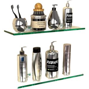 GeekDigg 2 Set Glass Shelves for Wall - No Drilling Shower Caddy with Aluminum Bracket - Bathroom Storage Organizer