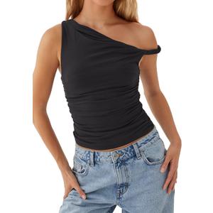 Ythomm Women One Shoulder Ruched Crop Tank Tops Casual Off The Shoulder Twist Strap Summer Tanks Tops Going Out Crop Shirts (Medium, Black)