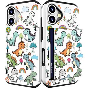 Compatible for iPhone 16 Plus Case Cute with Card Holder Shockproof Slim Slot Phone Wallet Cover for Women/Dinosaurs Childish Cartoon Animals Adorable Trees Rainbow Clouds