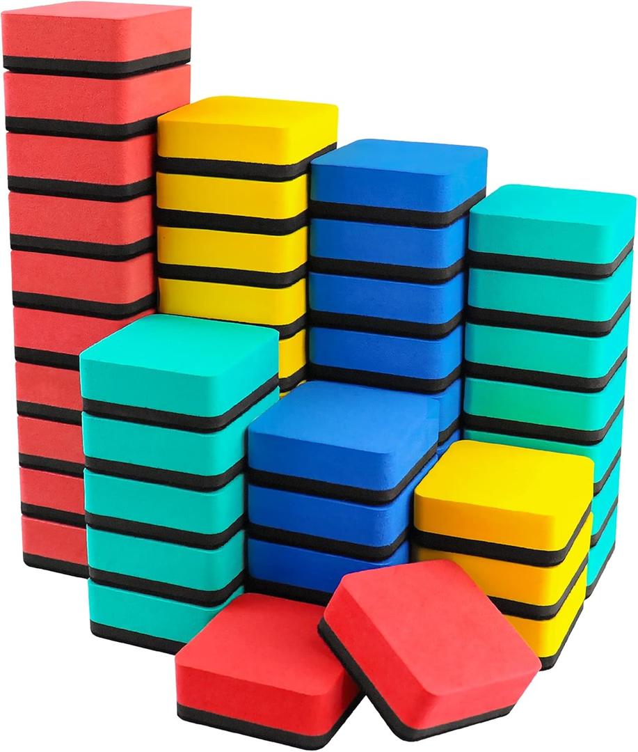 Dry Erase Erasers, 48 Pack Magnetic Whiteboard Dry Eraser Chalkboard Cleaner Board Wiper for Kids, Student, Classroom, Teacher Supplies, Home and Office (4-Color, 2 x 2 x 0.79 Inch)