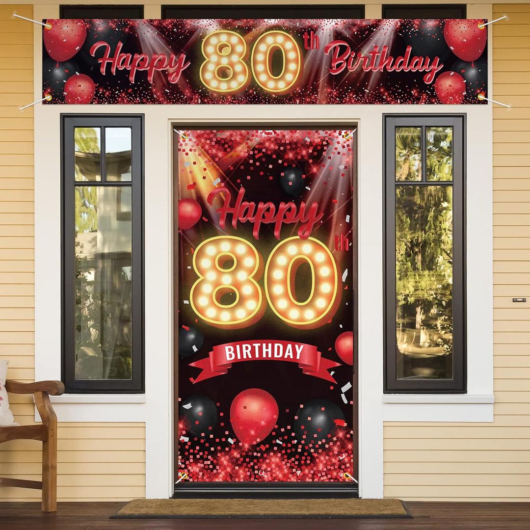 Happy 80th Birthday Door Cover Porch Banner Sign Set - 80 Years Old Birthday Decoraions Party Supplies for Women Men - Red (80)