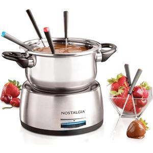 Nostalgia 6-Cup Electric Fondue Pot Set for Cheese & Chocolate - 6 Color-Coded Forks, Temperature Control - Stainless Steel Kitchen Gadgets and Appliances for Hors d'Oeuvres and More - Stainless Steel