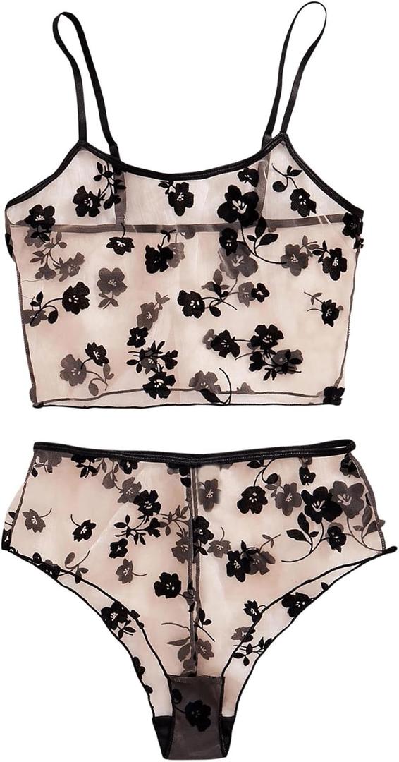 SOLY HUX Women's Lingeries Floral Mesh Sheer Matching Bra and Panty Set Boudoir Outfits Nightwear 2 Piece (Large)