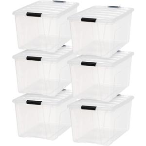 IRIS USA 72 Qt Stackable Plastic Storage Bins with Lids, 6 Pack - BPA-Free, Made in USA - See-Through Organizing Solution, Latches, Durable Nestable Containers, Secure Pull Handle - Clear