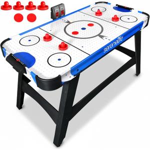 SereneLife 58in Powered Air Hockey Table Upgraded 700mA 12v 2X Powerful Motor, 4 Player 4 Pucks 2 Pushers, Full-Size Arcade Style, Inline Power Switch and Battery Free Digital LED Score Board (Blue)