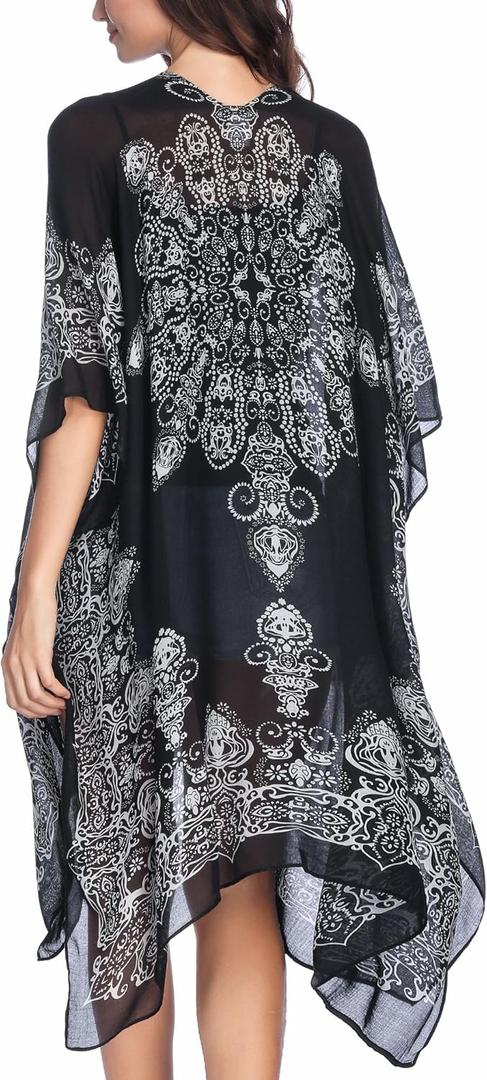 Moss Rose Women's Beach Cover up Swimsuit Kimono with Bohemian Floral Print, Loose Casual Resort Wear (A Adeline Black)