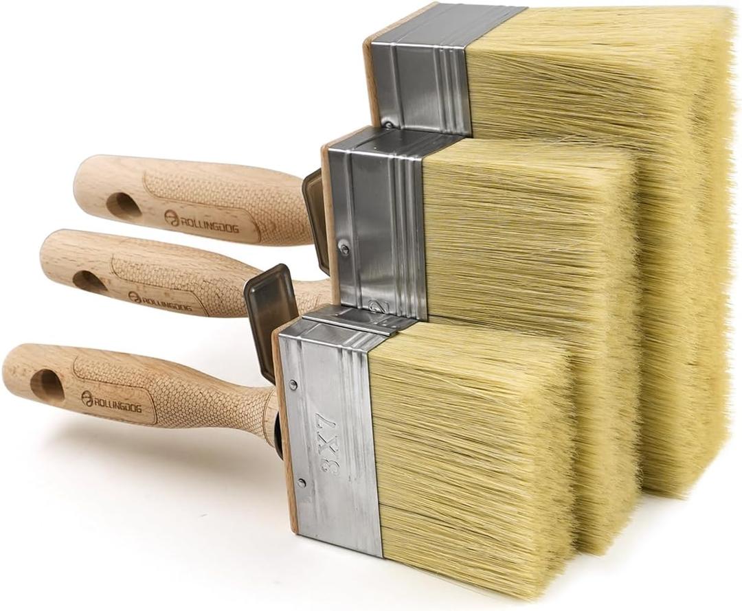 ROLLINGDOG Deck Stain Brush Set - Limewash Brush Wood Handle Large Deck Brush Applicator for Wall, Wood, Fence, Floor Painting (70mm 120mm 150mm)