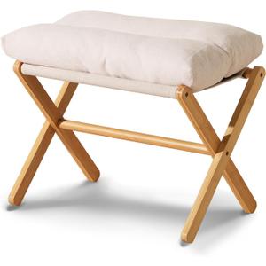 Baveke Ottoman Foot Rest- Bamboo Foldable Stool, Foot Stools Small Ottman with Upholstered & X Legs, Folding Stool for Makeup, Bedroom and Living Room (Large Beige) (21.3"D x 13.4"W x 18.5"H)