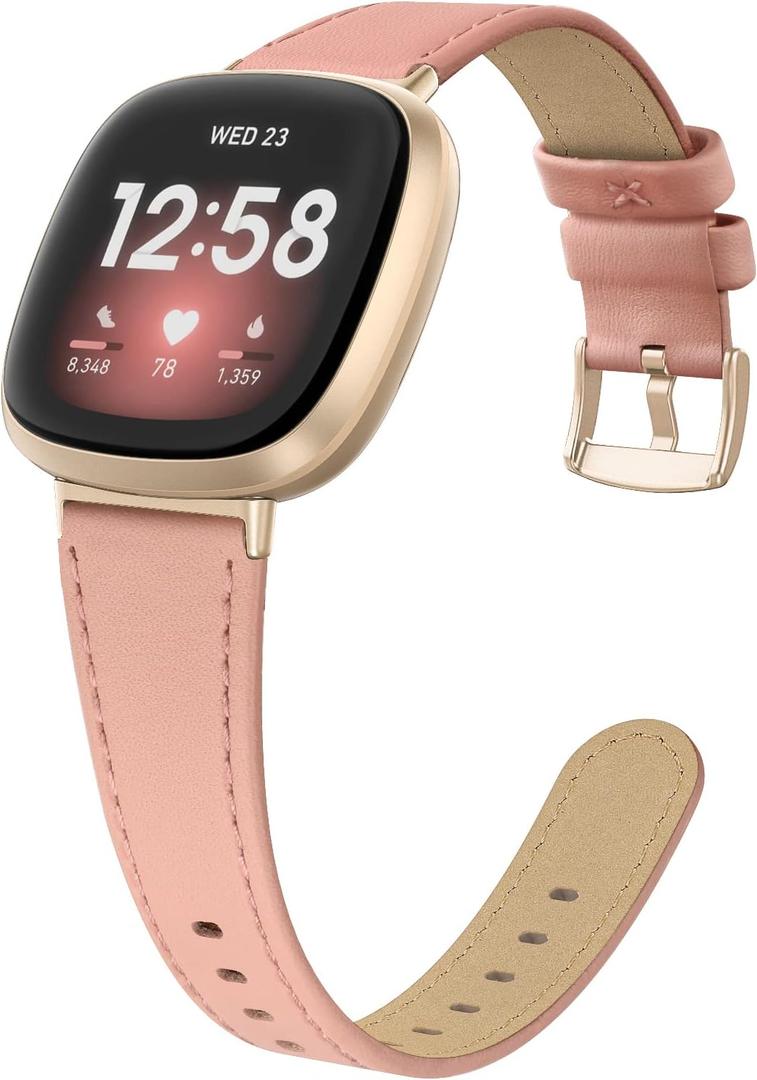 EDIMENS Leather Bands Compatible for Fitbit Versa 3 / Fitbit Versa 4 / Fitbit Sense for Women Men, Genuine Leather Bands Replacement Wristbands Straps Compatible with Versa 3 / Versa 4 / Sense (Small 5.7"-7.8", Pink Sand)