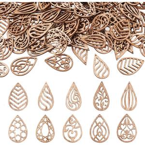 100pcs Unfinished Hollow Drop Wood Cutouts Blank Filigree Teardrop Wooden Pieces Earring Pendants for DIY Jewelry Crafts Making