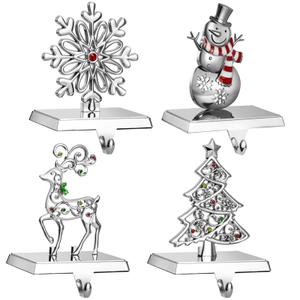 GUOER 4 Pack Snowflake Christmas Stocking Holder Set for Mantle Christmas Decorations Mantle Fireplace Topper-Snowman Reindeer and Christmas Tree Hangers Decorative Metal Hanger (Red Rhinestone)
