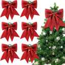 6 Pcs Christmas Bows - Large Glitter Christmas Decorative Wreaths Bows Xmas Tree Topper with Pine Cone for Holiday Party Indoor Outdoor Decor(11 Inch, Red)