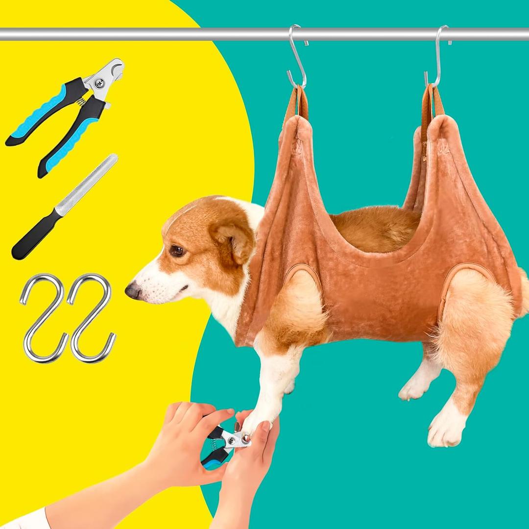 Dog Grooming Kit, Dog Grooming Supplies, Dog Grooming Hammock, Dog Grooming Harness, Dog Nail Clippers, Dog Nail Grinder, Hooks, Dog Hammock Kit for Nail Trimming/Hair Trimming(Coffee, M)