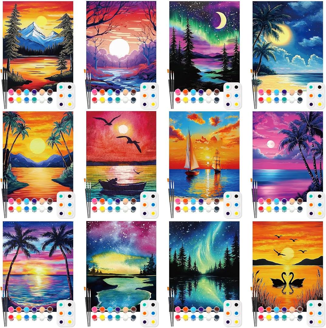 Ctosree 12 Pack Pre Drawn Canvas Kit for Painting Sip and Art Paint Kit for Adults Pre Painted Canvas Party Favors for DIY Holiday Party Date Night Gifts(Summer Sunset,10 x 8 Inch)