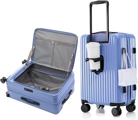 HotWay 26 Inch Expandable Checked Luggage with Cup Holder, Hardside TSA Approved Luggage with Spinner Wheels, Top Opening Suitcase For Travel, Blue