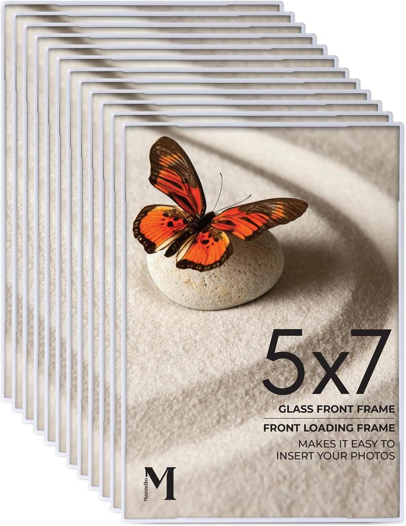 Mantello 5x7 Picture Frame Set - Front Loading 5 x 7 Frames - Display for Wall Artwork, Accent Piece, Photographs - Minimalist Tabletop & Desktop Decor - 12 Pack, White