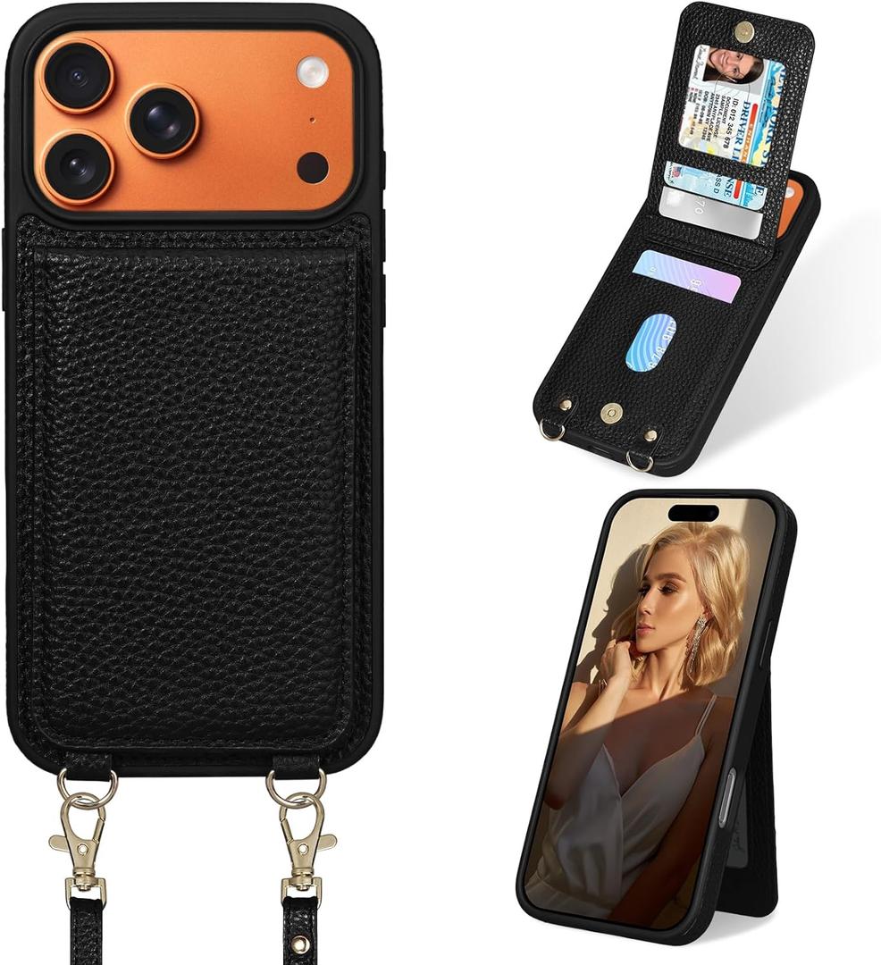 Keallce Case for iPhone 17 Pro Max 6.9'', Crossbody Wallet Case Purse with RFID Blocking 3 Card Holders, Flip Folio Leather Cover with Lanyard Wristlet Strap Women Lady for iPhone 17 Pro Max, Black