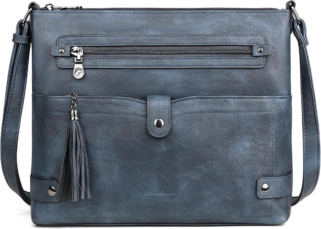 FADEON Large Crossbody Purses for Women Crossbody Bag, Designer Leather Cross Body Purses Multi Pocket Shoulder Bag, Dark Blue Retro Style