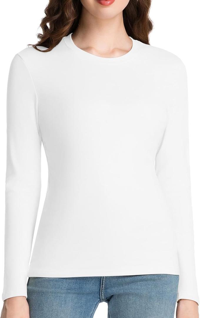 Slim Fitted Long Sleeve Shirts for Women Cotton Tee Tshirts Crewneck Undersrubs Plain Casual Undershirts Tops (Small, White)