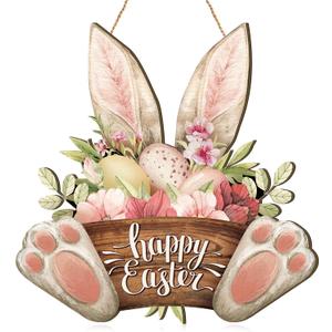 Barydat 1 Pcs Easter Wreaths for Front Door Bunny Welcome Wood Sign Door Hanger Spring Decorations Easter Hanging Plaque Rabbit Sign Decorations for Home Shop Garden (17 Inch)