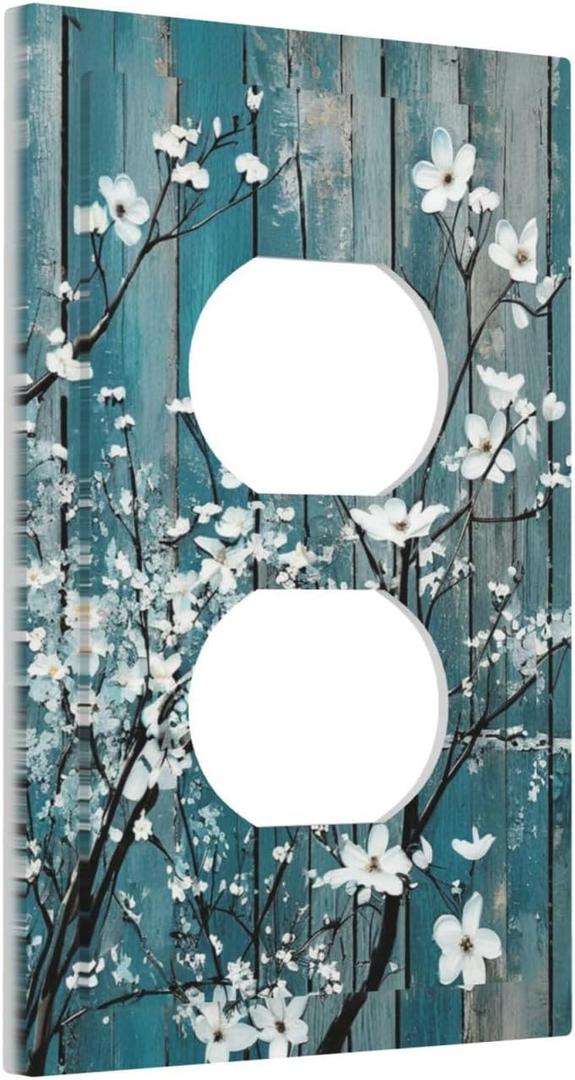 Decorative Outlet Covers White Flowers Blue Wood Plank Farmhouse Country 1 Gang Wall Plate Receptacle Duplex Light Switch Cover Plate Single Dual Plug Covers Electrical Switchplate