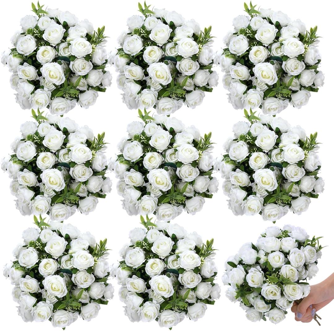 Zeyune 8 Pack 12 Inch Wedding Artificial Rose Bouquet Silk Flowers Bunches Bulk Fake for Wedding Bridal Home Office Garden Parties Decoration (White)